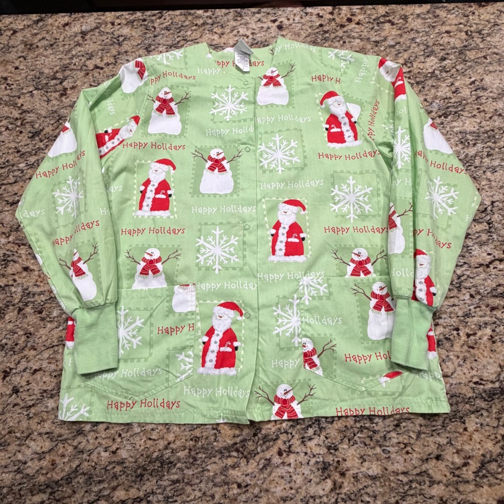 UA Scrubs Christmas Scrub Jacket Womens Medium Green Santa Snowman Snap Front